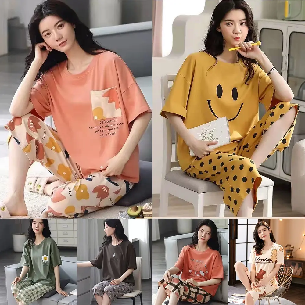 Quần Áo Mặc Nhà In Hình Hoạt Hình, Thời Trang, Quần Cropped Ngắn Tay Ngoại Cỡ M-5XL Cho Nữ, Áo Áo Chui Đầu Cổ Tròn, Quần Cropped Eo Dáng Rộng Đồ Ngủ In Hình 2 Chiếc