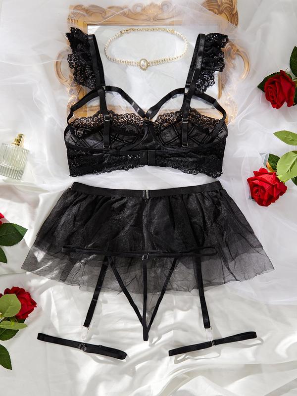 Women's 3pcs Sexy Garter Lingerie Set, Adjustable Strap Contrast Lace Ruffle Bra & Contrast Mesh Sheer Thong & Garter Belt Mesh Skirt Set, Lingerie Set for Women 1