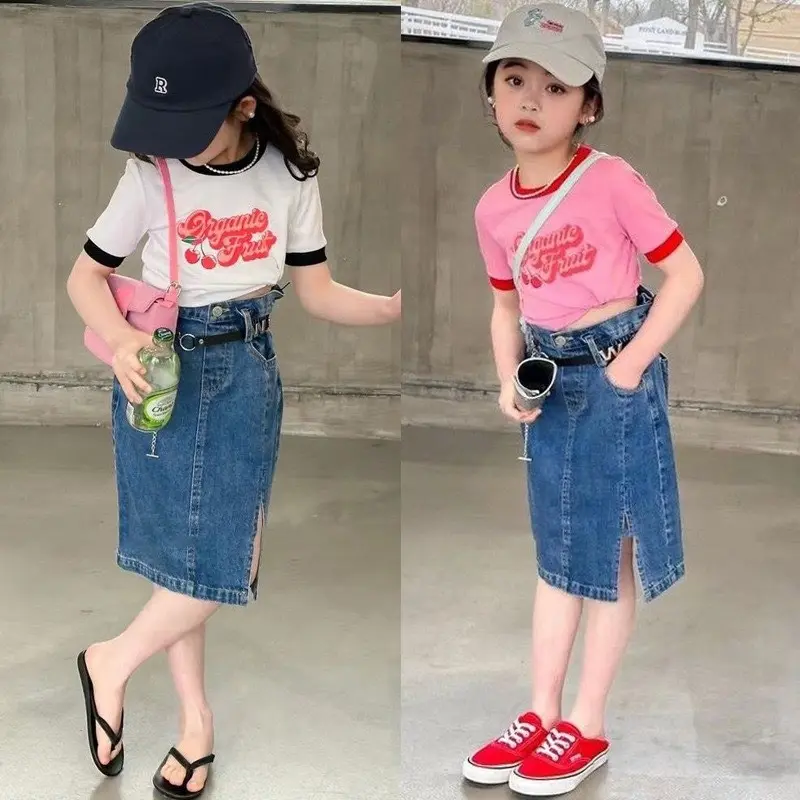 Sét Áo Cộc Chân Váy Bò Bé Gái Cao Cấp Đ&N Kids - Áo Cotton QC Mềm Thấm Hút Mồ Hôi Kèm Chân Váy Bò Dài Co Giãn Kết Hợp Hình In Nổi Bo Tay Pha Nổi Bật Cho Bé Vải Cotton