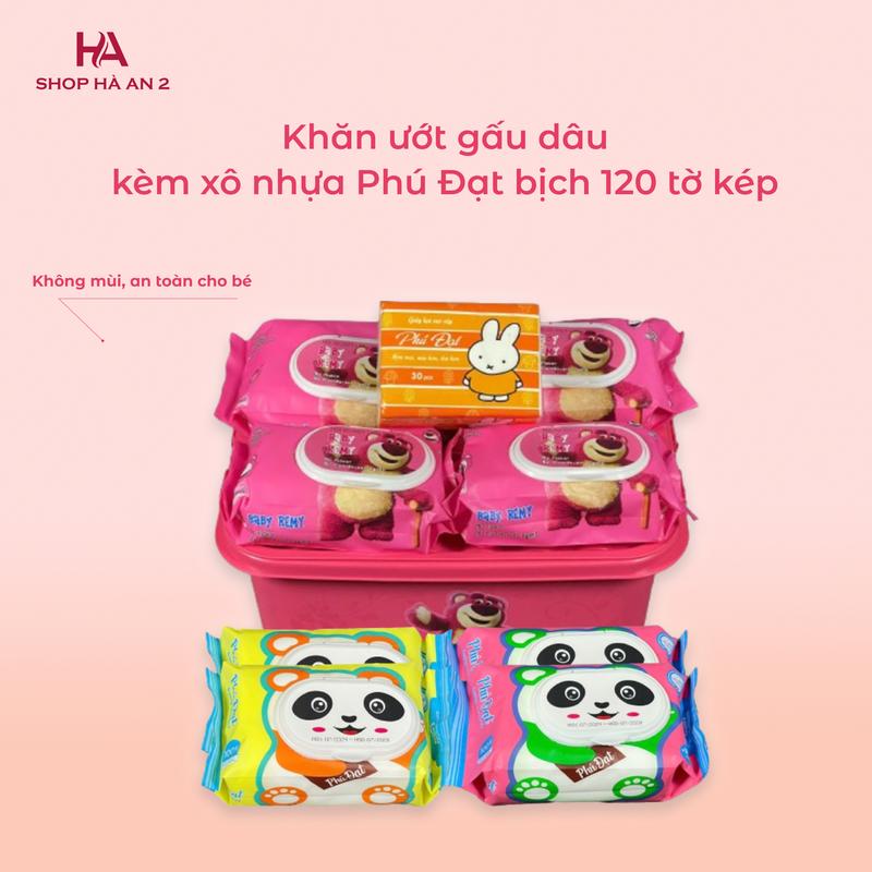  Combo 15bịch - khăn ướt gấu dâu Phú Đạt kèm xô nhựa  14 bịch khăn ướt 1 khăn khô  Giấy Ăn Khăn Giấy Kem không mùi an toàn 4-lớp chất thấm nước giay rut 