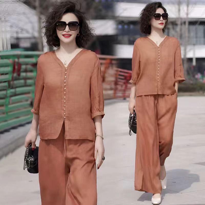 Bộ Đồ Vải Lanh Và Cotton, Bộ Sưu Tập Mới Cho Mẹ TRUNG NIÊN, Thời Trang Thường Ngày Hàng Mới Về Mùa Hè, Áo Vải Lanh Và Quần Ống Rộng, Bộ Hai Mảnh, 2024 2