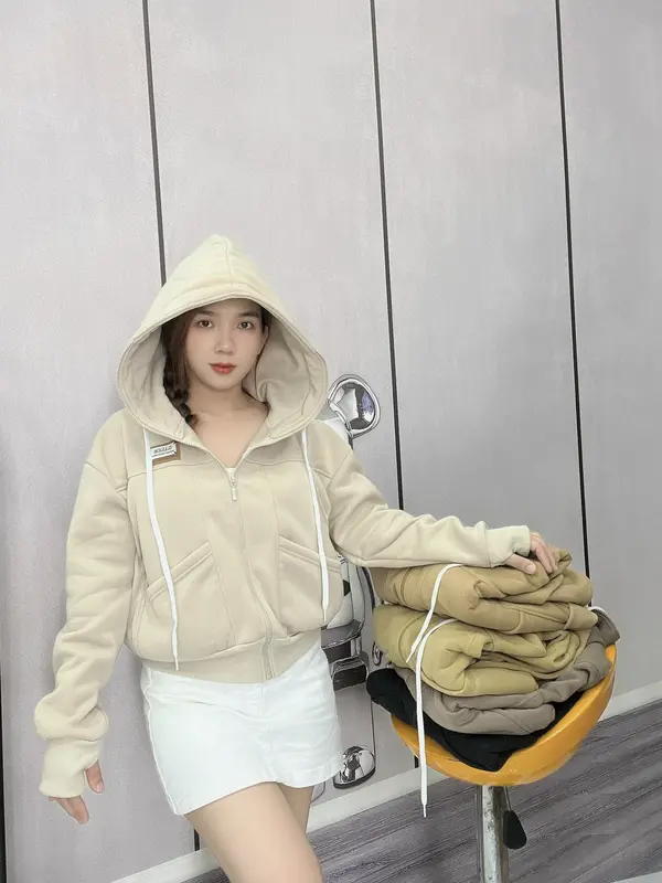 Áo Khoác Nỉ - Áo Khoác Nữ Form Lửng 6 Túi, Nón To, Tay Xỏ Ngón SUSUSHOP Top Hoodie Zíp mã FL11- FL15. Women Có Túi 2