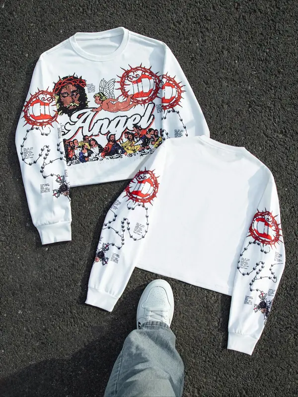 Men's Cartoon & Letter Print Round Neck Sweatshirt, Regular Fit Casual Fashion Long Sleeve Pullover for Fall & Winter, Men's Clothes for Daily Wear 0