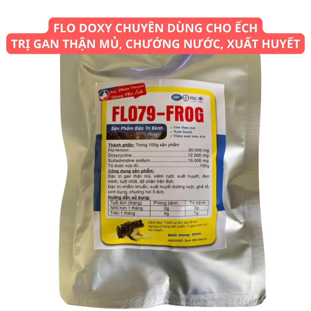 Trị gan thận mủ trên ếch, xuất huyết, viêm ruột trên ếch và động vật thủy sản gói thuốc dạng bột 100g Flo79 Frog.