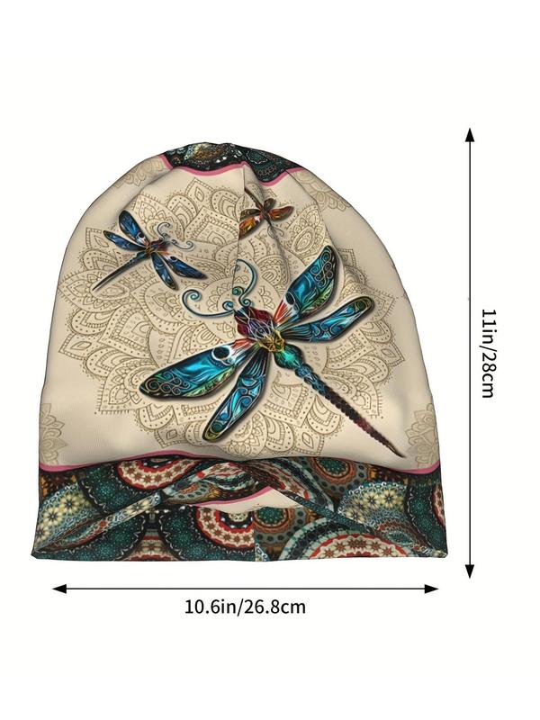 Dragonfly Pattern Beanie Hat, Boho Style Ethnic Pattern Beanie Hat for Fall & Winter, Fashion Vintage All-match Accessories for Women & Men 1