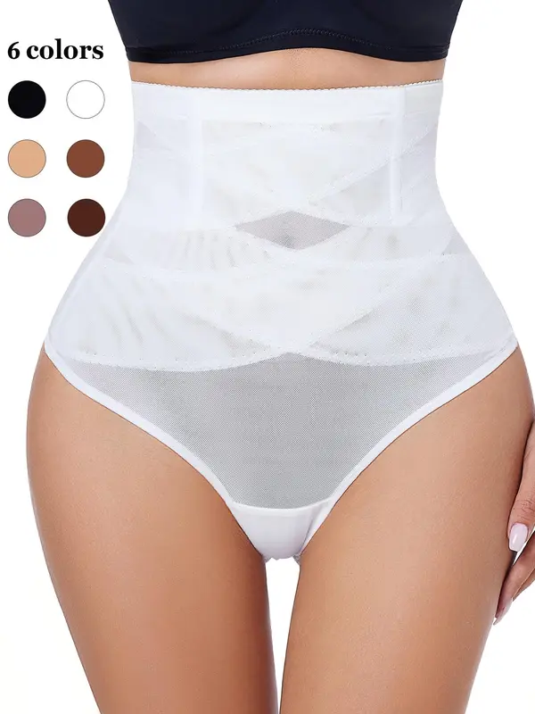 Women's Contrast Mesh Shapewear Thong, Breathable High Waist Shapewear Bottom for Daily Wear, Tummy Control Butt Lifter, Minimalist Basic Underwear, tummy tuck garment 3