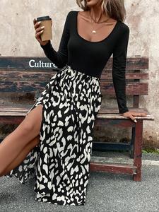 Women's Solid Color Top & Leopard Print Skirt Two-piece Set, Casual Long Sleeve Top & Skirt for Spring & Fall, Women's Clothes for Daily Wear