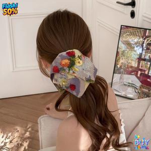 ผ้าพันคอสี่เหลี่ยม Scrunchie, สไตล์ภาพสีน้ำมัน, สำหรับผู้หญิง, ที่คาดผมหางม้า, เชือกผูกผมสไตล์ขี้เกียจระดับไฮเอนด์, เครื่องประดับผม, แฟชั่น, ดีไซน์สวย, สต็อกพร้อม, ปี 2025