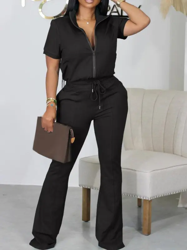lovelywholesale Women's Plain Co-ord Set, Casual Zip Up Top & Drawstring Flare Leg Pants, Chav Sets, Summer Outfits 2024, Curvy Holiday Outfits 2024 0