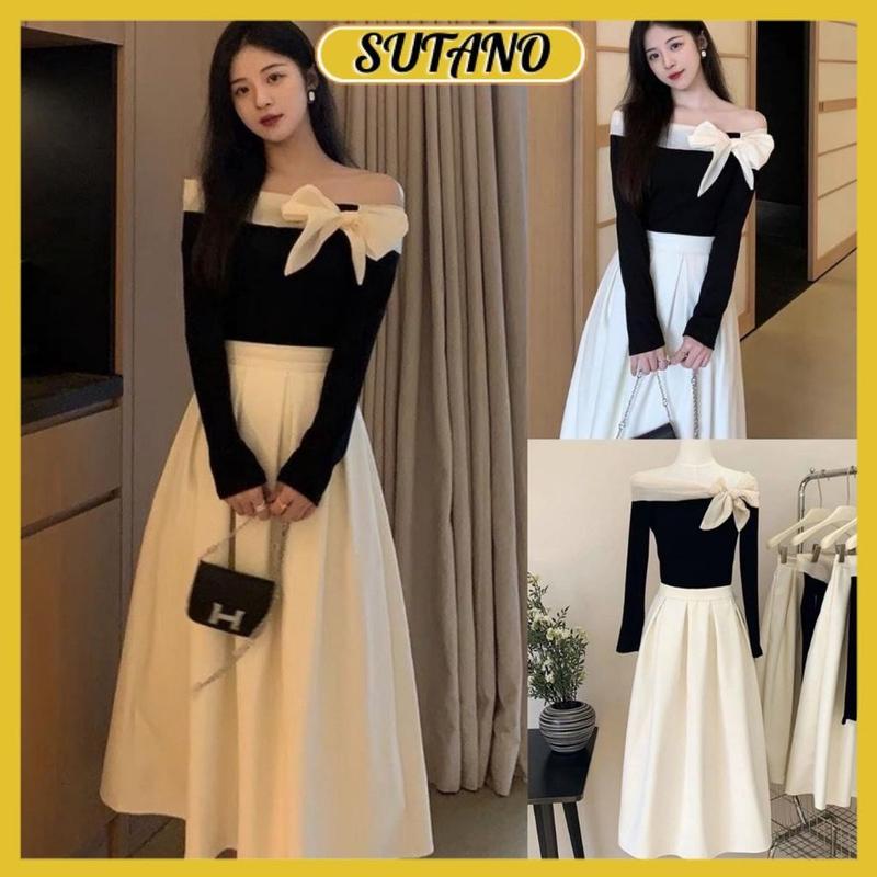 Set áo len tăm trễ vai phối nơ mix chân váy midi xếp ly dáng dài tiểu thư nữ tính bánh bèo B412 SUTANO
