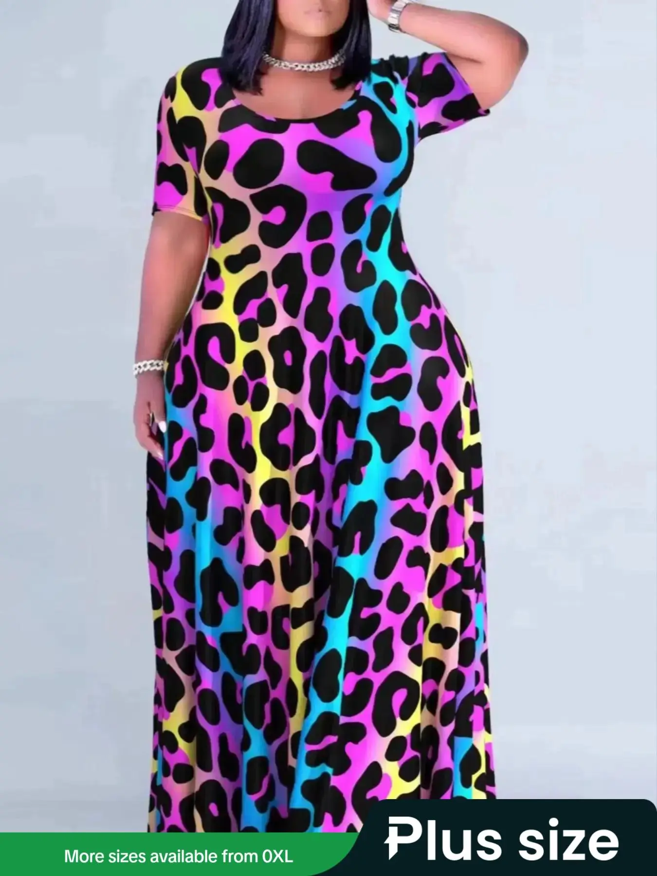 【Plus Size】 Colorful Leopard Print Round Neck Dress, Summer Dresses 2025, Casual Short Sleeve Crew Neck Long Dress for Summer, Dresses for Women, Sundress Maxi Dress, Plus Size Women's Clothing for Daily Wear