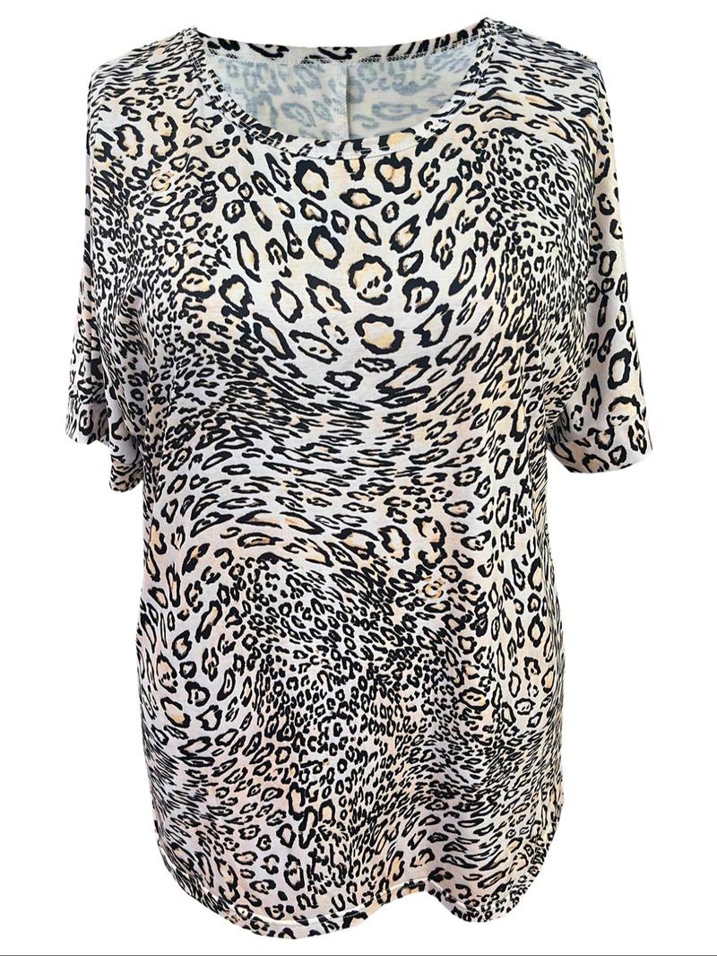Product Introduction of 【Plus Size】 Leopard Print Batwing Sleeve Tee, Casual Short Sleeve Scoop Neck T-Shirt for Summer, Women's Plus Size Clothing for Daily Wear 8