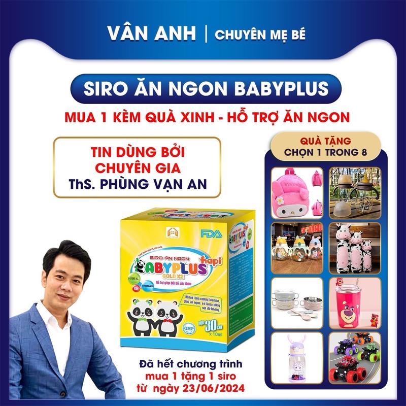 Siro Ăn Ngon Babyplus (hộp 30 gói 10ml )-Bổ sung acid amin,vitamin,kẽm, men vi sinh, hỗ trợ bồi bổ sức khỏe ,hỗ trợ tiêu hóa,cho bé ăn ngon miệng có tặng kèm quà ngủ