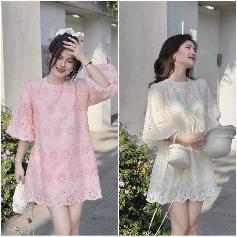{ĐI ĐƠN TRONG NGÀY} H22 Váy Nữ Babydoll Thô Ren Hoa Tay Bồng Dáng Xuông Dễ Thương.