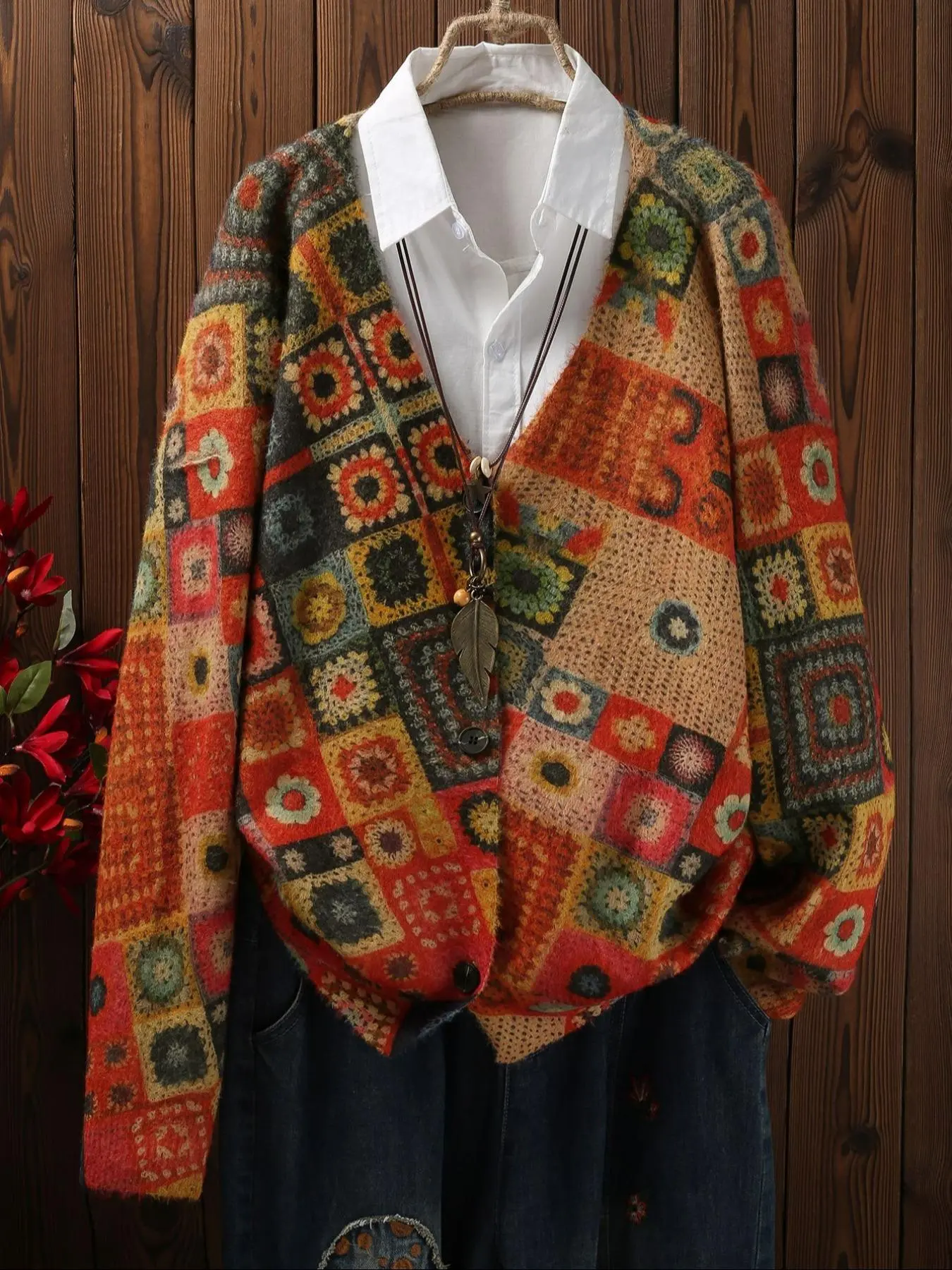 【Plus Size】 Floral Print Button Front Drop Shoulder Cardigan, Casual Long Sleeve V Neck Knitwear for Fall & Winter, Women's Clothing for Daily Wear