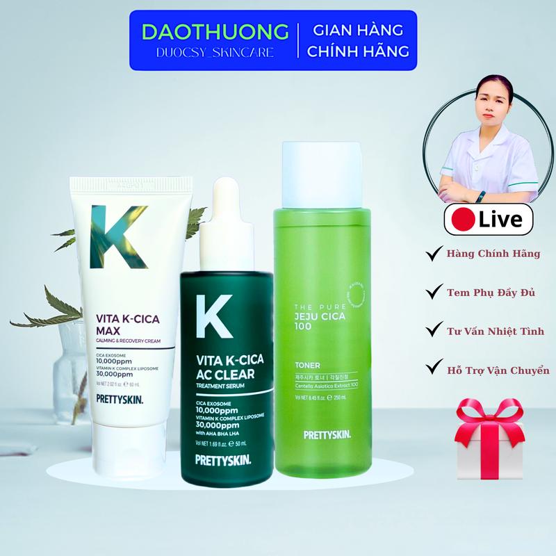  PS.Prettyskin. Bộ 3sp phục hồi gồm: Tinh chất Vita K Cica AC Clear Treatment Serum Kem Vita K Cica Max Calming Recovery Cream và Nước hoa hồng Rau má Jeju Cica 100 Toner  360ml   Skincare Làm Đẹp Da Son 