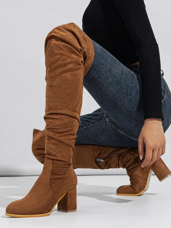 Women's 2024 Trendy Fashionable Solid Color Pointed Toe Boots, Elegant Zipper Design over the Knee Boots for Daily Wear, Botas Para Mujeres, Fall Outfit, Botas 3