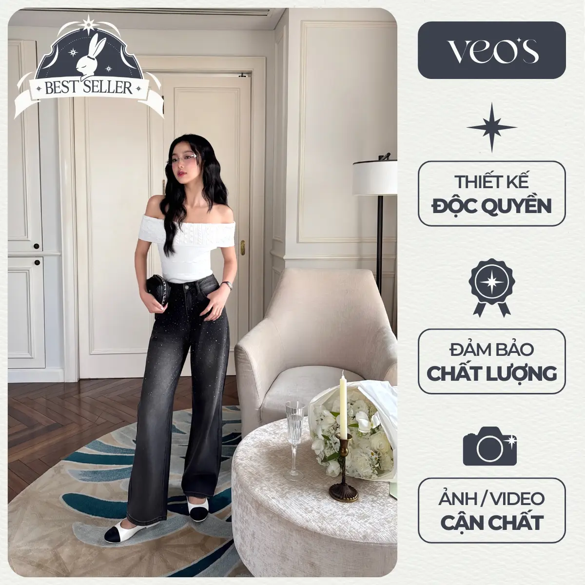 [VEO'S] Krystal Jeans - Quần Jeans Đính Đá Lấp Lánh Kiểu Nữ Form Suông Ống Đứng Cạp Cao Sang Trọng Màu Đen & Xanh Denim Women Pants