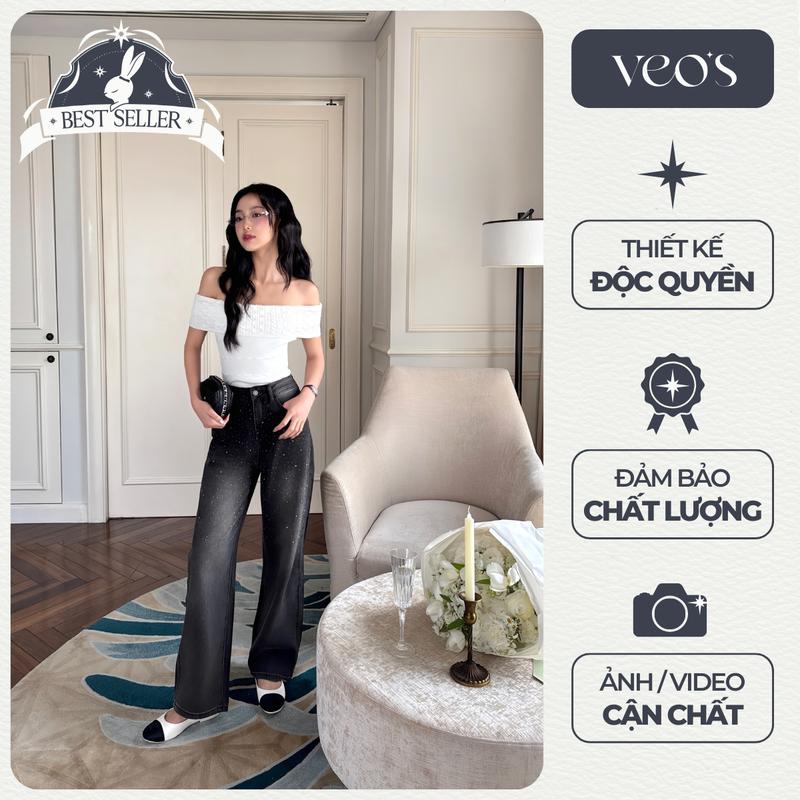 VEO'S Krystal Jeans - Quần Jeans Đính Đá Lấp Lánh Kiểu Nữ Form Suông Ống Đứng Cạp Cao Sang Trọng Màu Đen & Xanh Denim Women Pants