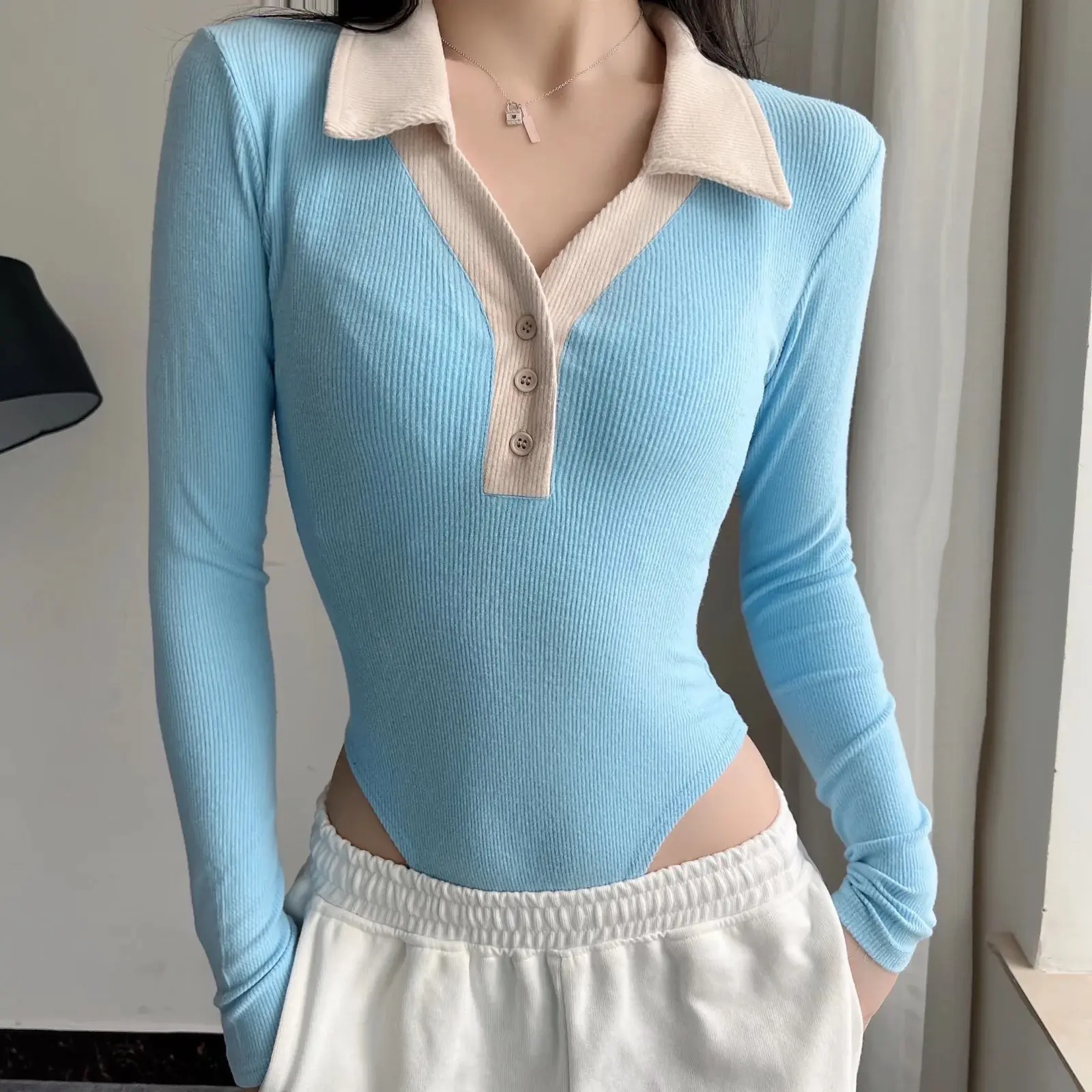 Áo Liền Quần Dệt Kim Cổ Polo, Dành Cho Phụ Nữ, Bộ Đồ Liền Thân, Co Giãn Lớn, Tay Áo Dài, áo liền quần, Áo Liền Quần Sang Trọng Cho Nữ, Cổ Chữ V, Áo Lớp Nền Mỏng Top Xám