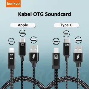 Bonkyo Kabel OTG Soundcard 2-in-1 untuk Apple & Type C, Saluran Stereo Dual, Pengisi Daya Sementara, Anti-Tarik, Desain Garis Putus-putus, Kualitas Suara Top