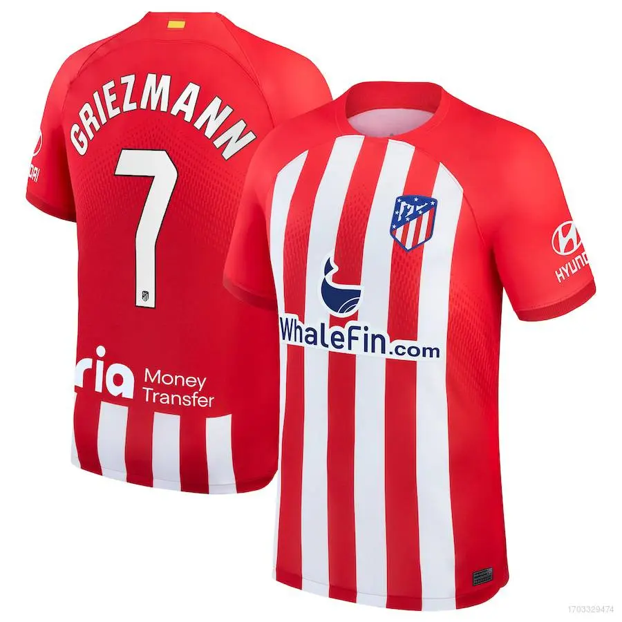 Jersi Rumah Atletico Madrid, Lengan Pendek, Tee Sukan, Uniseks, Saiz Besar, Baju Bola Sepak Griezmann No.7, 24