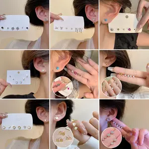 S925 Silver Set Anting Zirkon Mutiara Bintang Bulan, Kancing Telinga Berlian Imitasi Bentuk Hati