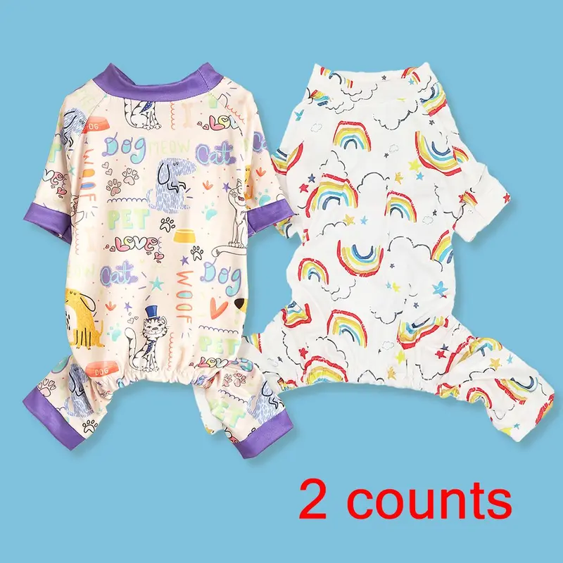 Cute Print Pet Pajamas, 2 Counts Soft and Stretchy Puppy Dog Clothes, Pet Sleepwear for Small and Medium Boys Dogs and Girls Dogs 2