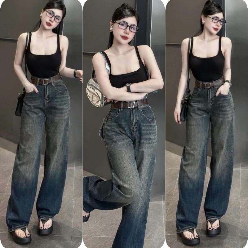    S-XL   Quần Jean Suông - Quần Jean Ống Rộng Màu Đậm Trơn Cạp Cao Ôm Eo Cá Tính QC HYDI FullSize S M L XL Nữ Women Ong Pants quan  boong 