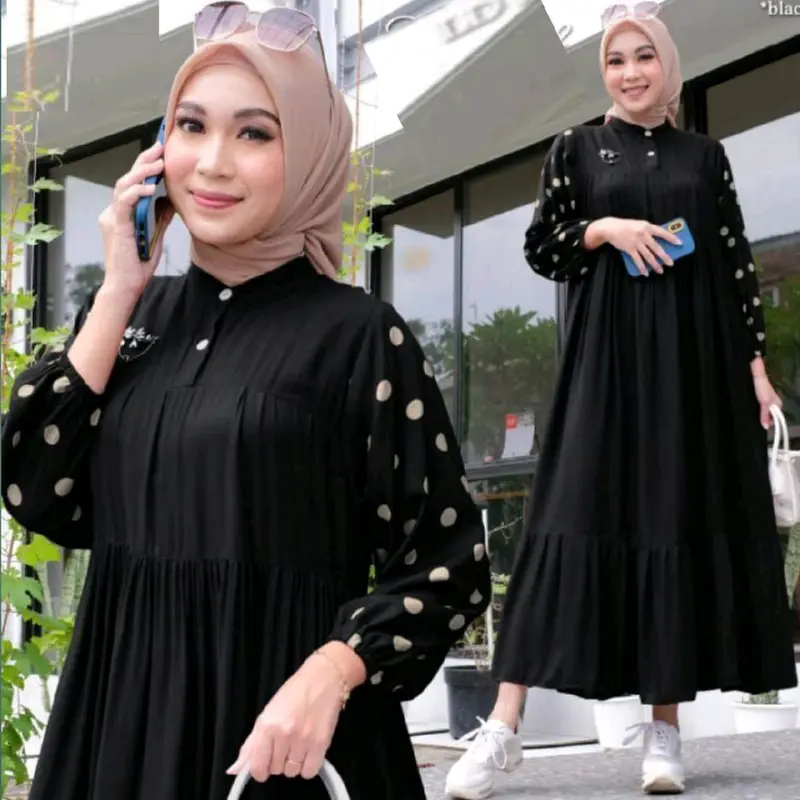 Dasima Gamis polos Kombinasi Polkadot midi Dress terbaru Muslim Lembut Kain Fit Cantik Kancing  Motif Panjang Rayon Wanita Ibu  Nyaman Variasi  Katun Kerah Menyusui 5