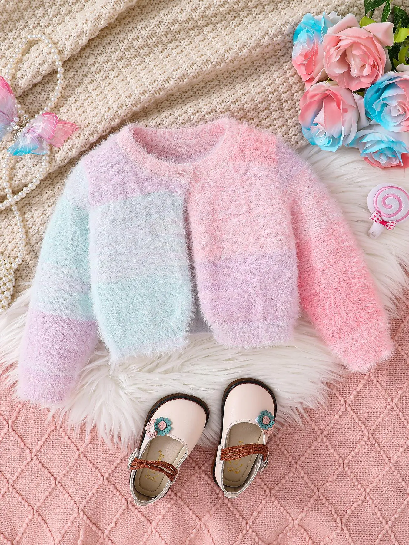 Girl's Colorblock Ombre Button Front Cardigan, Cute Long Sleeve Knitwear for Daily Wear, Kids Clothing for All Seasons