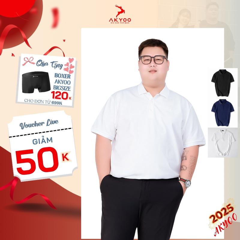 Áo polo big size nam AKYOO 80 - 140kg, vải co giãn 4 chiều, màu xanh - đen - trắng cao cấp, chuẩn form Cotton Menswear Shirt Có Cổ Ngắn Tay