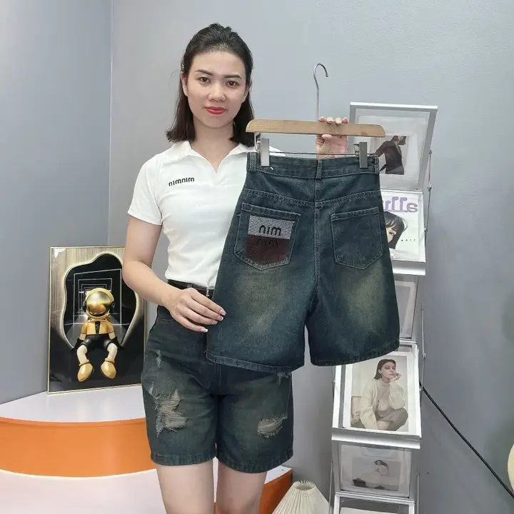 quần ngố bò thêu min min rách Jean ngố thêu ngố cạp cao ngố rách ngố suông Nữ 2
