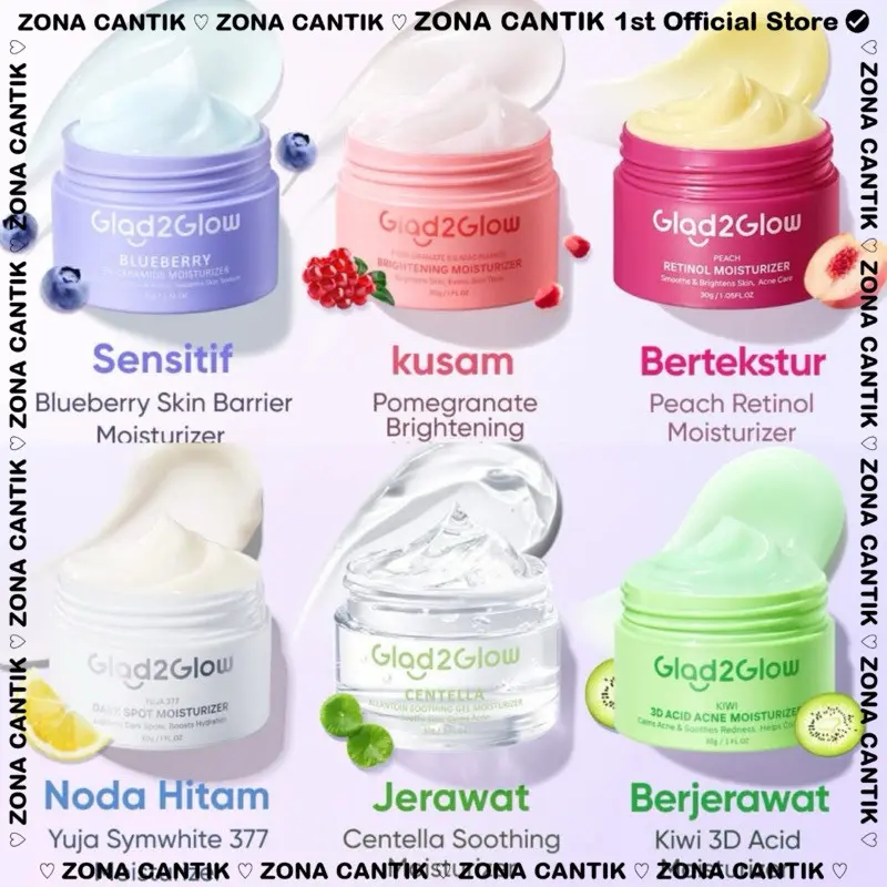 PROMO MOISTURIZER GLAD2GLOW - GLAD2GLOW PELEMBAB WAJAH TERMURAH POMEGRANTE | BLUEBERRY | CENTELLA | YUJA  | KIWI | RETINOL