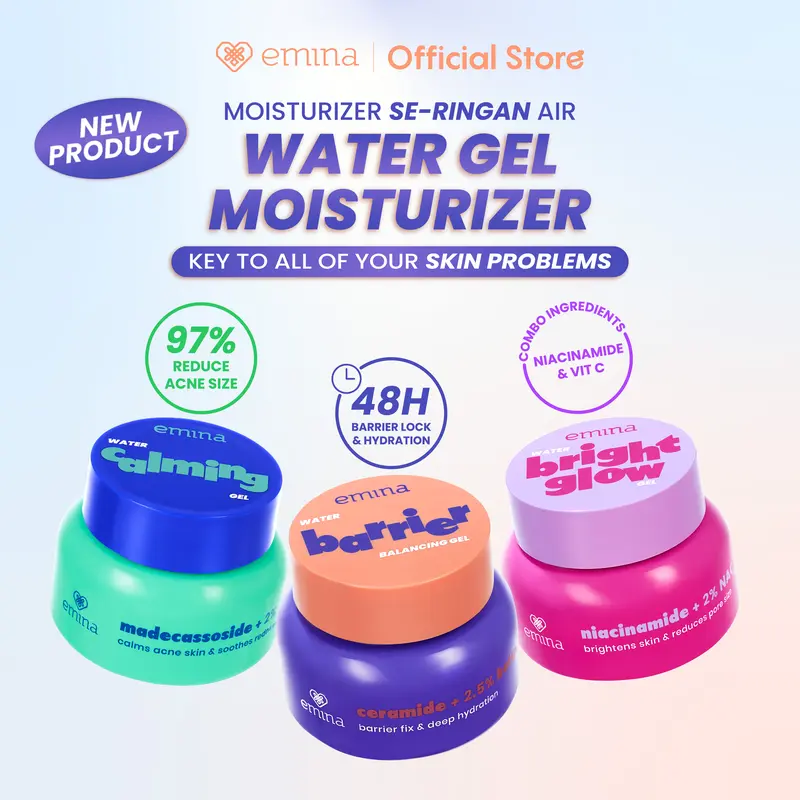 Emina Water Bright Glow Gel Moisturizer 30g | Mencerahkan & Mengurangi Flek Hitam, Kulit Glowing, Meratakan Warna Kulit, Pelembab Seringan Air, Mengandung Niacinamide, Vitamin C 3