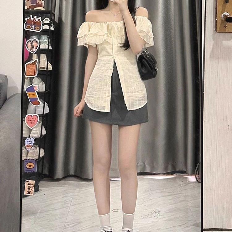 Áo Trễ Vai Phối Bèo Tay Ngắn Chiết Eo sẵn ( ko dây buộc)  , Áo Sơmi Kiểu Nữ Cộc Tay Trễ Vai Siêu nữ tính ( có bigsize) | BigBuy360 - bigbuy360.vn