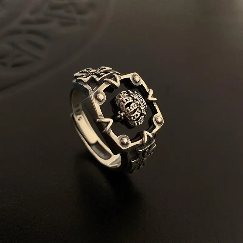 【zhamus】Retro Thai-silver Crown Open Ring Hip Hop Dark Ring Women Fashion Cross Index Finger Ring 2