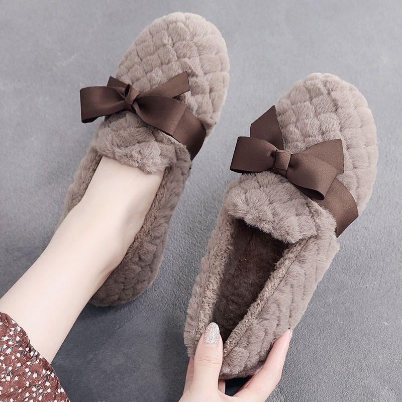 Giày Giày Lười Mùa Đông, Lót Lông Cừu, Đế Bằng, Giày Giày Lười, Giày Bông, Nơ Ngọt Ngào Giày Lông Mịn