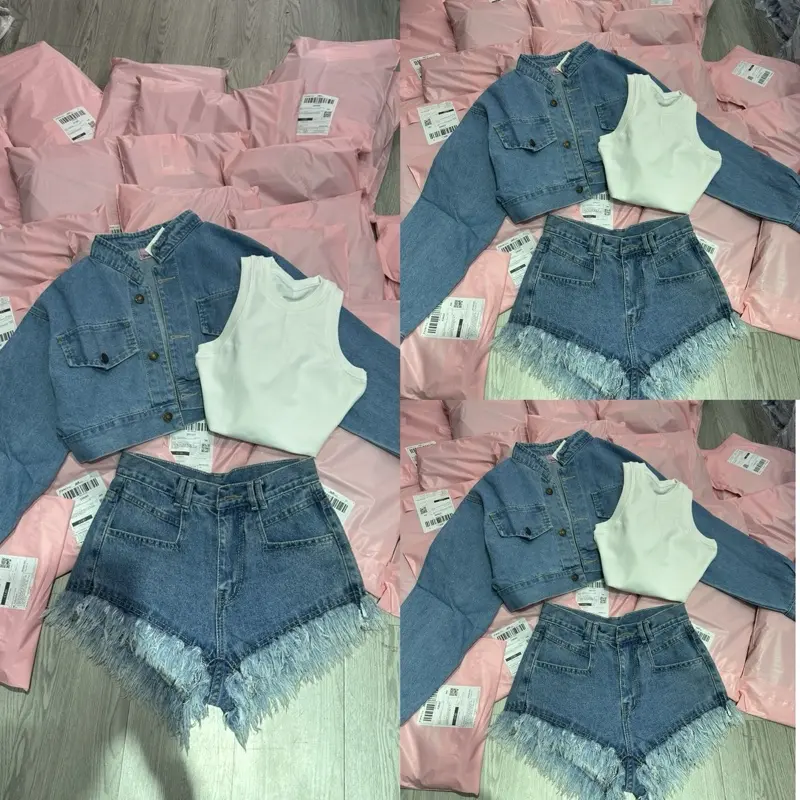 K47 _ ÁO KHOÁC JEAN CROPCTOP lửng ngắn màu xanh gài nút nắp túi_SAO SA STORE