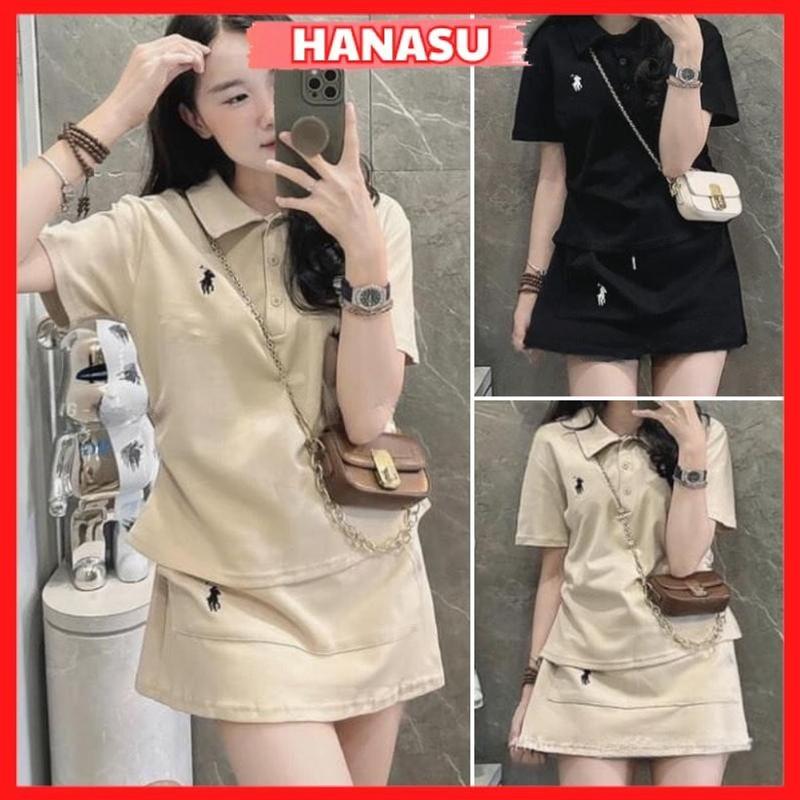 Set áo polo thêu ngựa mix chân váy chữ A  set áo bộ nữ cài cúc phối chân váy ngắn có túi style trẻ trung B345 HANASU 1
