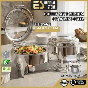 Prasmanan Set Buffet Set Premium Stainless Tebal Dengan Tutup Kaca Chafing Dish Premium Pemanas Makanan Wadah Saji Makanan Stainless Tebal Kitchenware - Premium - Silver Kaca Bulat
