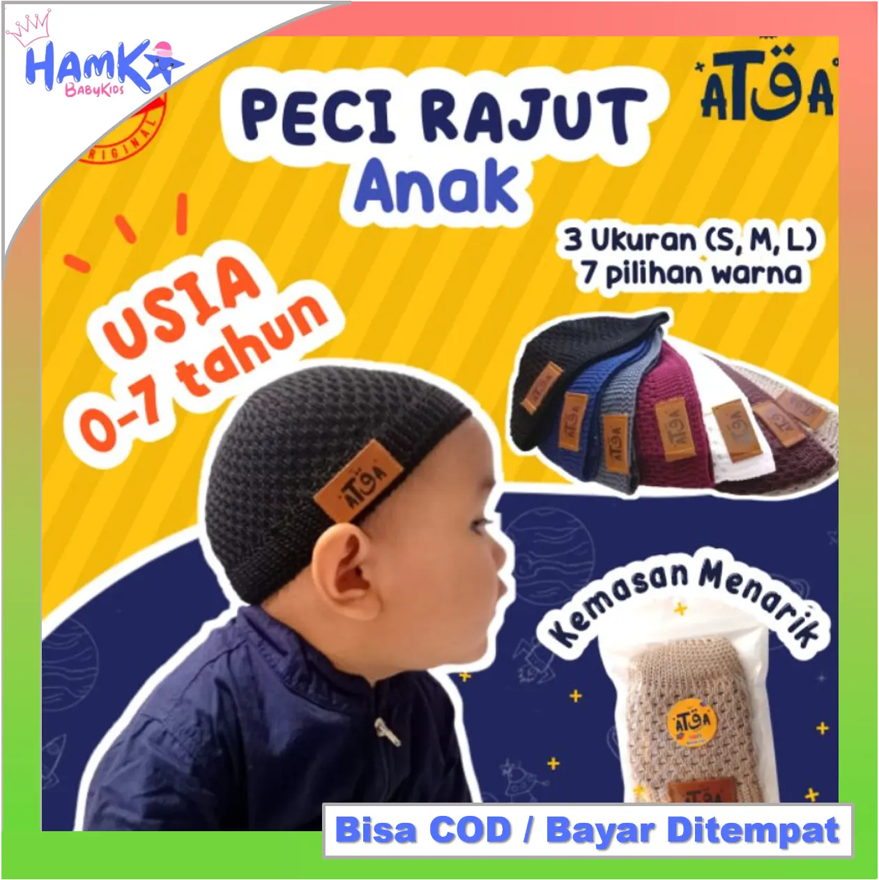 Peci Kopiah Rajut Anak Bayi Laki ATQA 0 sampai 7 Tahun Premium Nyaman Tebal Muslim Songkok dari Atqa