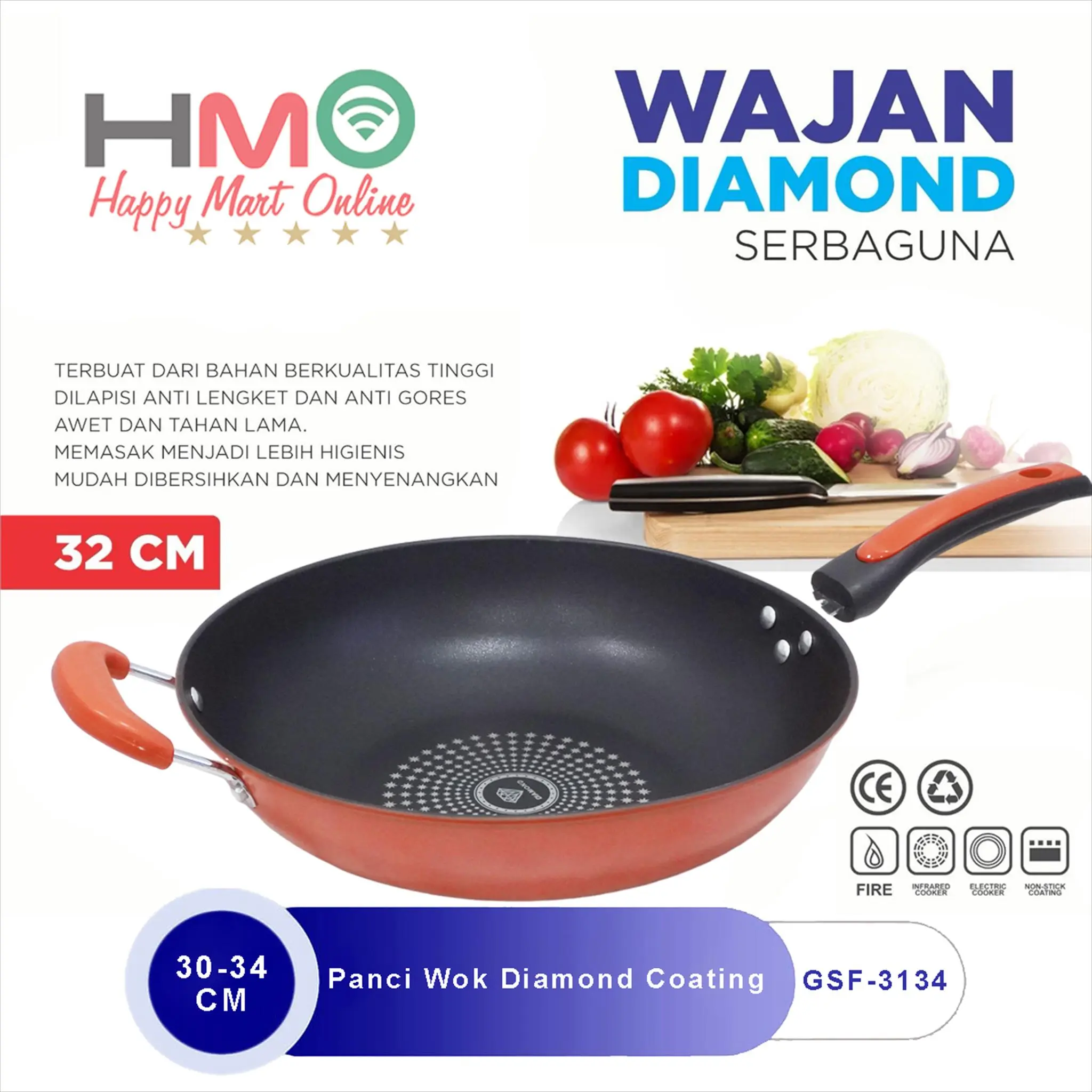 Panci Wajan Anti Lengket Batu Medis Ukuran 30 32 34 CM Wajan Diamond Non Stick