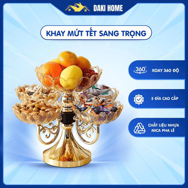 Khay Đựng Đồ Tết Sang Trọng, Khay Đựng Bánh Kẹo, Hoa Quả 5 Tầng Nhựa Cao Cấp, Khay Đựng Mứt Tết Xoay 360 Độ X615