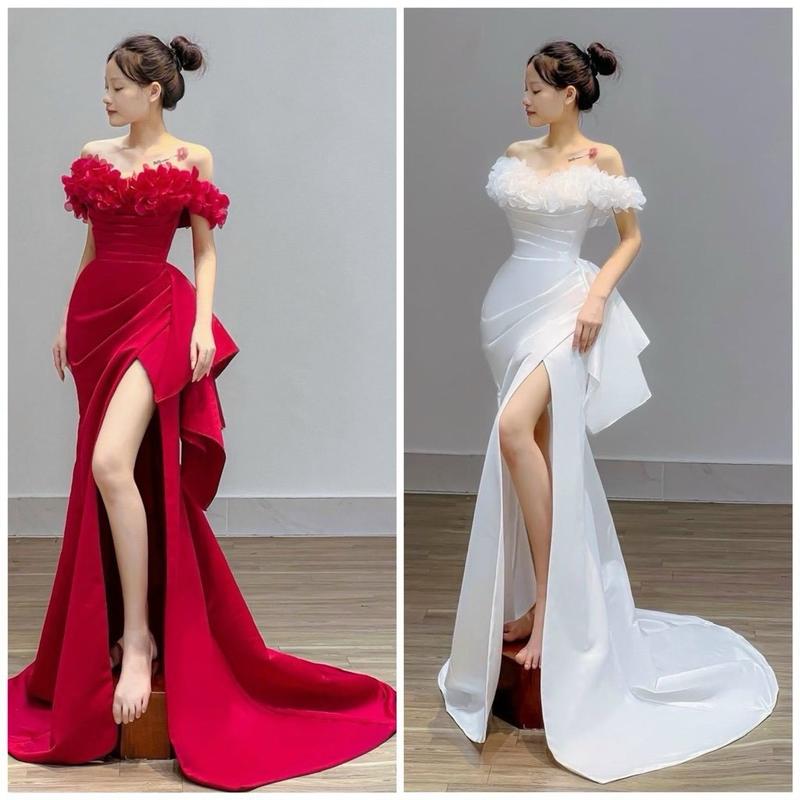 Đầm maxi mặc cưới TRIPBLE T DRESS bẹt vai xẻ đùi ôm dáng - size S/M/L váy xẻ tà