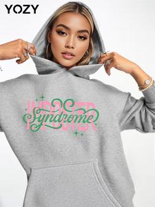 YOZY Women's Letter Print Pocket Hoodie, Casual Long Sleeve Hooded Sweatshirt for Fall & Winter, Ladies Clothes for Daily Wear