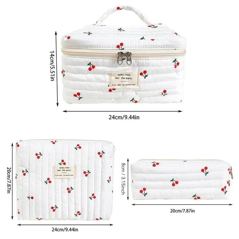 Cherry Pattern Quilted Makeup Storage Bag Set, 3 Counts/set Large Capacity Cosmetic Storage Bag, Zipper Makeup Organizer Pouch for Skincare, Lotion, Cream, Makeup Tool 1