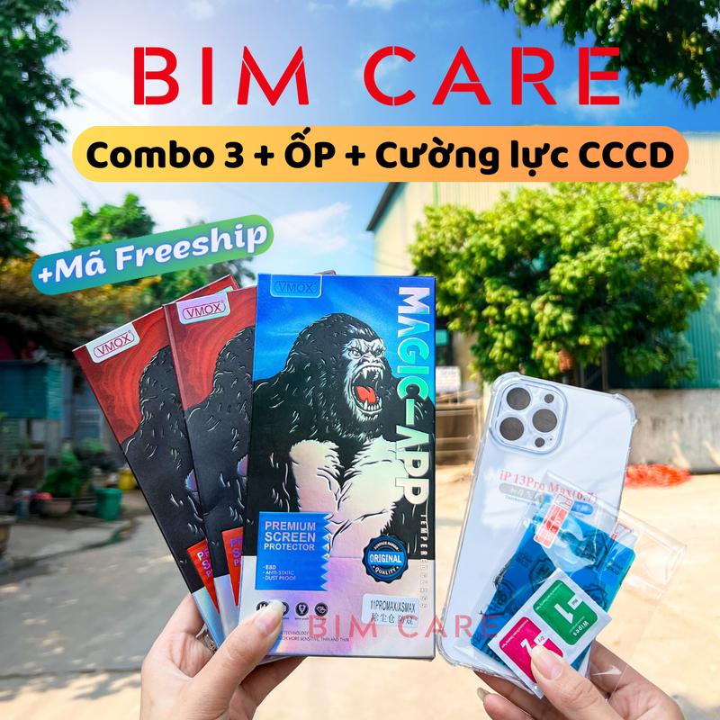 (TỰ RÚT BỤI 2+1) COMBO 3 Kính cường lực Kingkong VMOX (2 chống trộm đỏ + 1 trong suốt xanh)  có khung tự dán tại nhà, Tặng kèm 1 bộ dán CCCD 30K, 1 ốp lưng trong 30K,  BIMCARE Phone Kem
