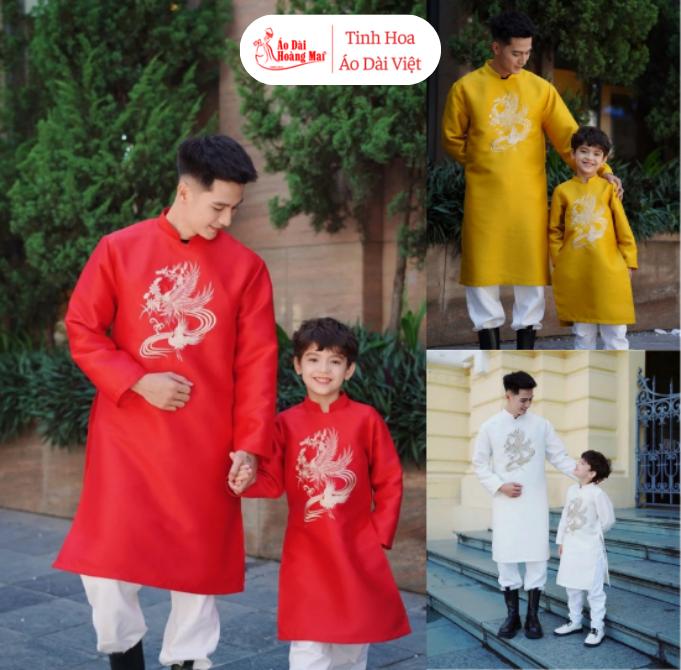  Áo dài cách tân bố và con trai thêu Phượng nhiều màu vải tuyết mưa cao cấp - Chất liệu co giãn Áo Dài Hoàng Mai 