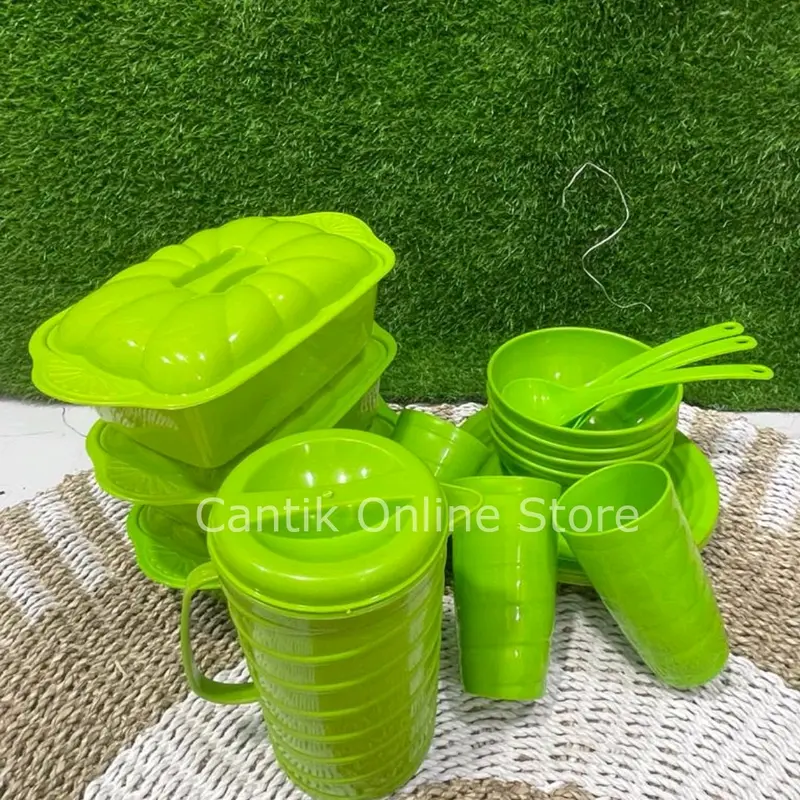 Prasmanan set isi 16 Pcs (3 Basi segi+3 Piring Makan+3 Mangkok+3 Gelas Ulir) Free Teko ulir BONUS 3 pcs Centong sayur Plastik 7